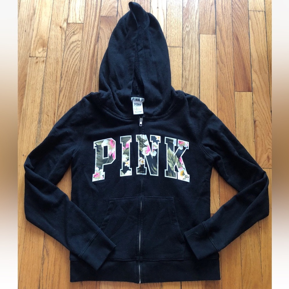 Victoria’s Secret PINK Black Tropical Floral Applique Full Zip Hoodie Size M